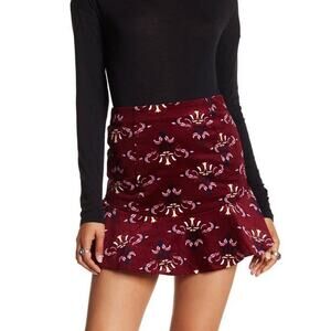 Free People Roll With Us Corduroy Mini Skirt 12 Wine Red Floral Ruffle Hem Tulip
